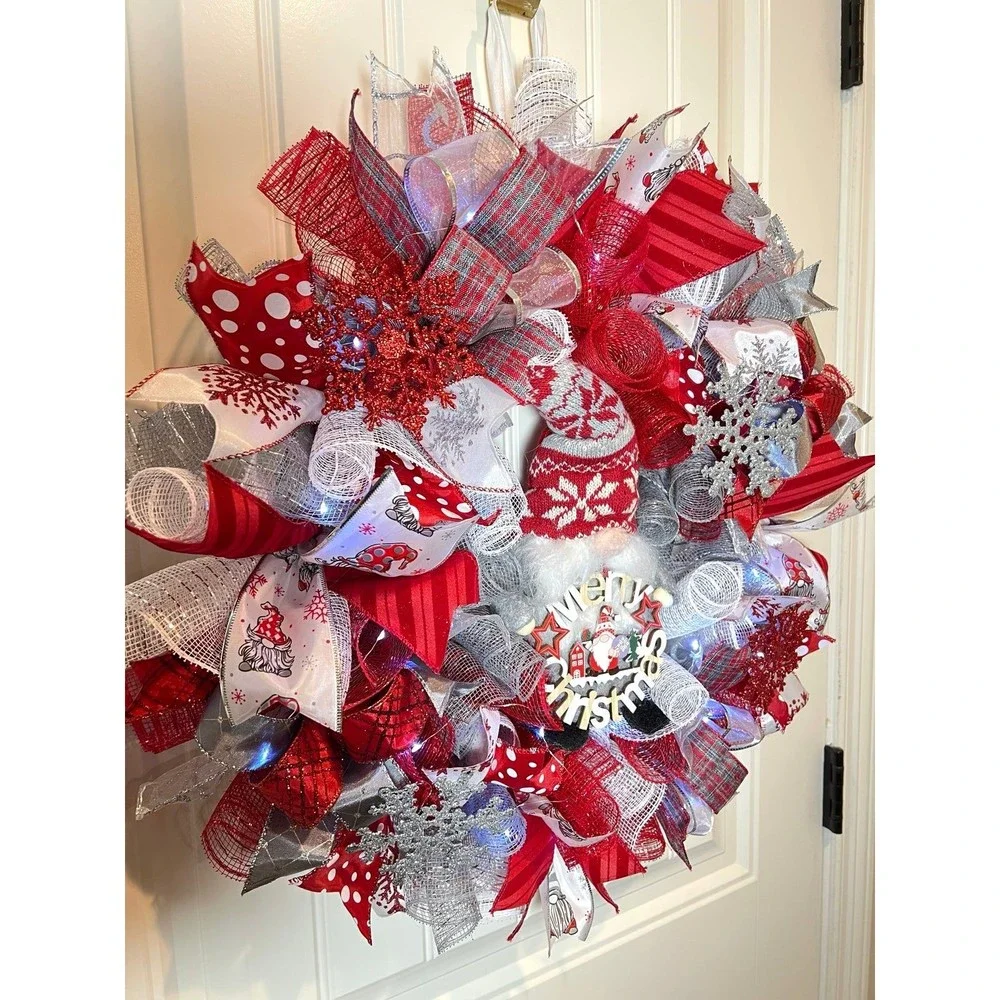 Handmade Christmas Gnome Holiday Ribbon Door Wreath 22 ins LED W39